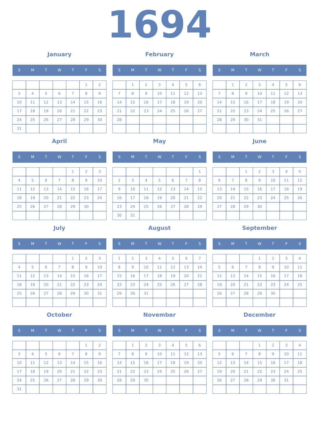 Printable 1694 Year Calendars glaucous