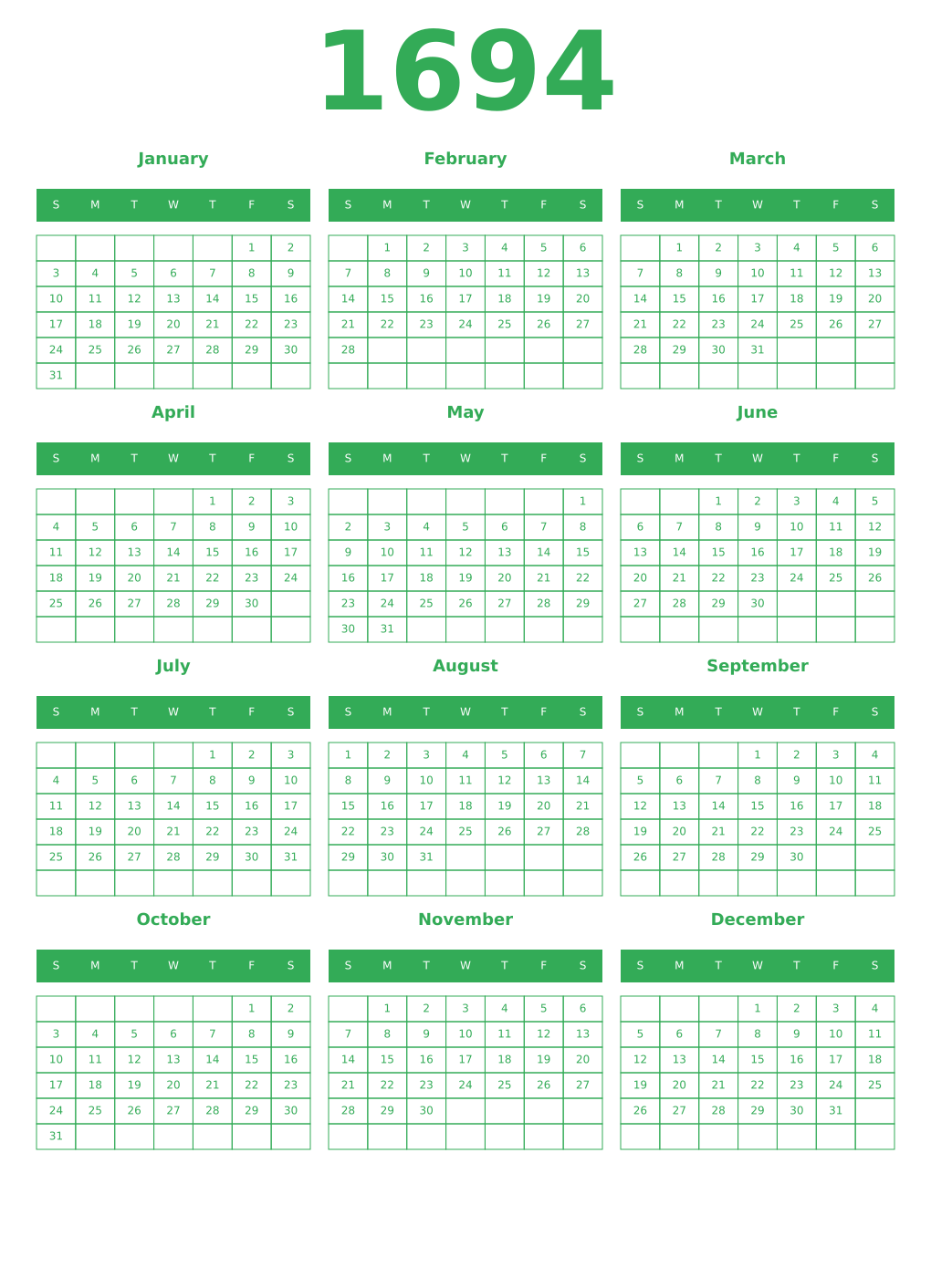 Printable 1694 Year Calendars green