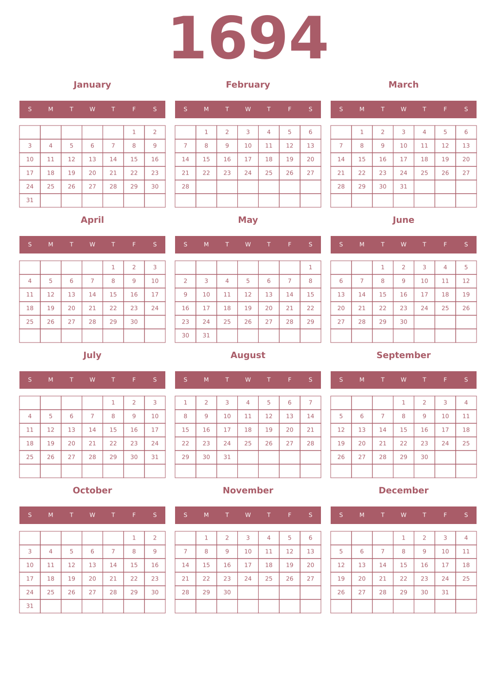 Printable 1694 Year Calendars puce
