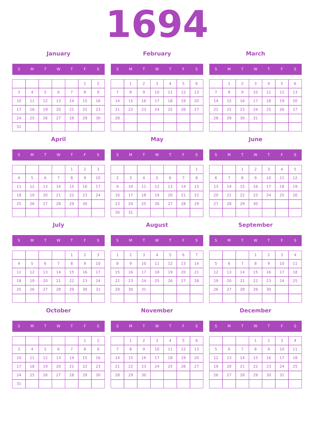 Printable 1694 Year Calendars purple