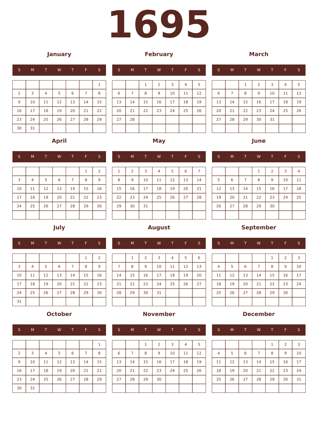 Printable 1695 Year Calendars mortuum