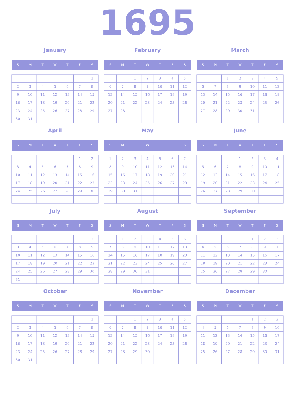 Printable 1695 Year Calendars periwinkle