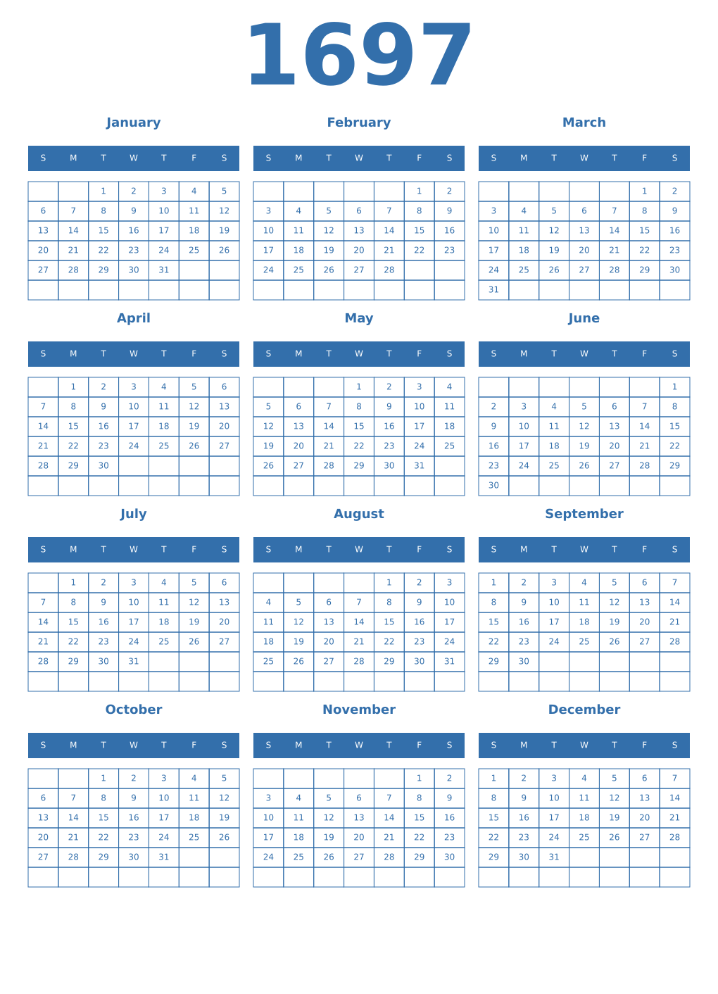 Printable 1697 Year Calendars blue