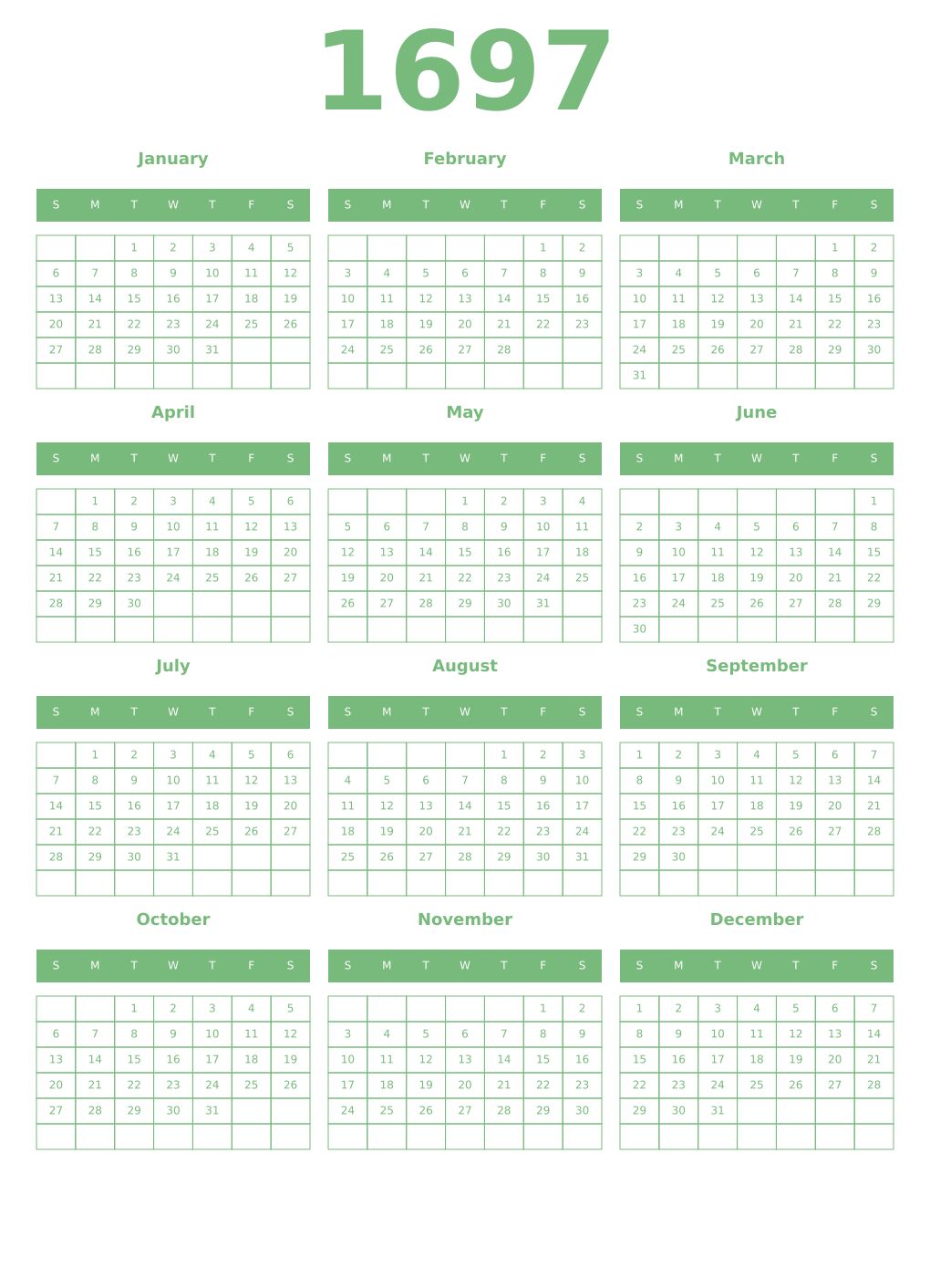 Printable 1697 Year Calendars celadon