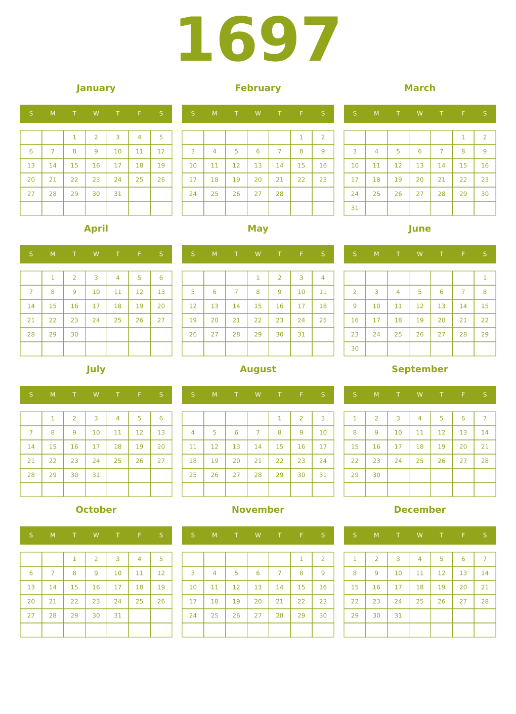Printable 1697 Year Calendars chartreuse