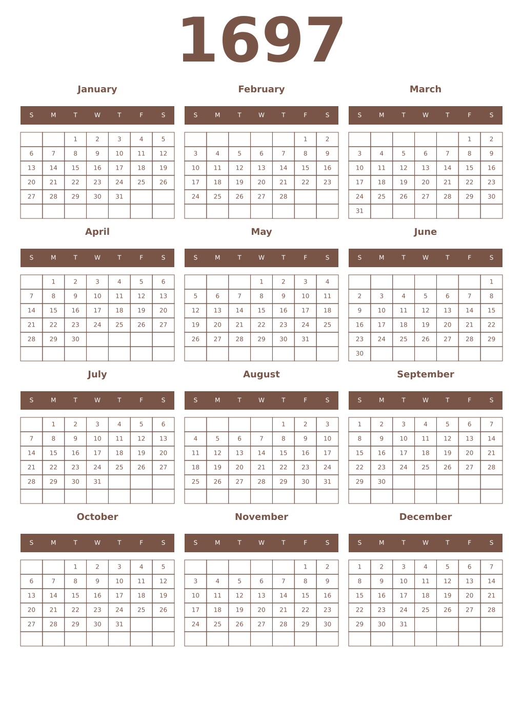 Printable 1697 Year Calendars coffe
