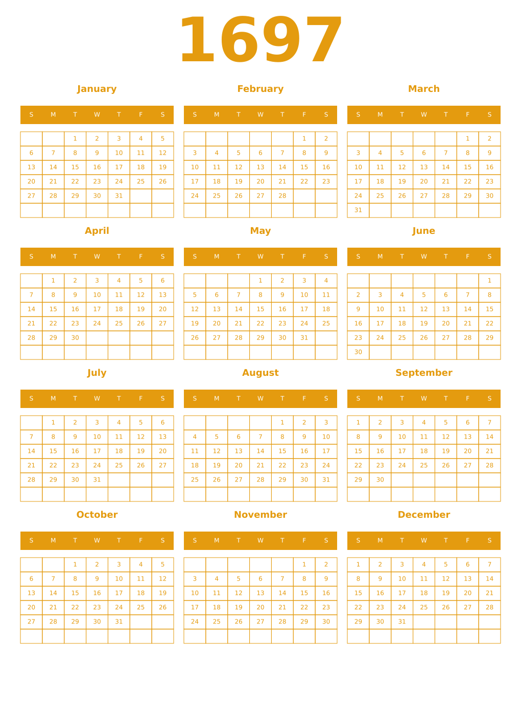 Printable 1697 Year Calendars gamboge