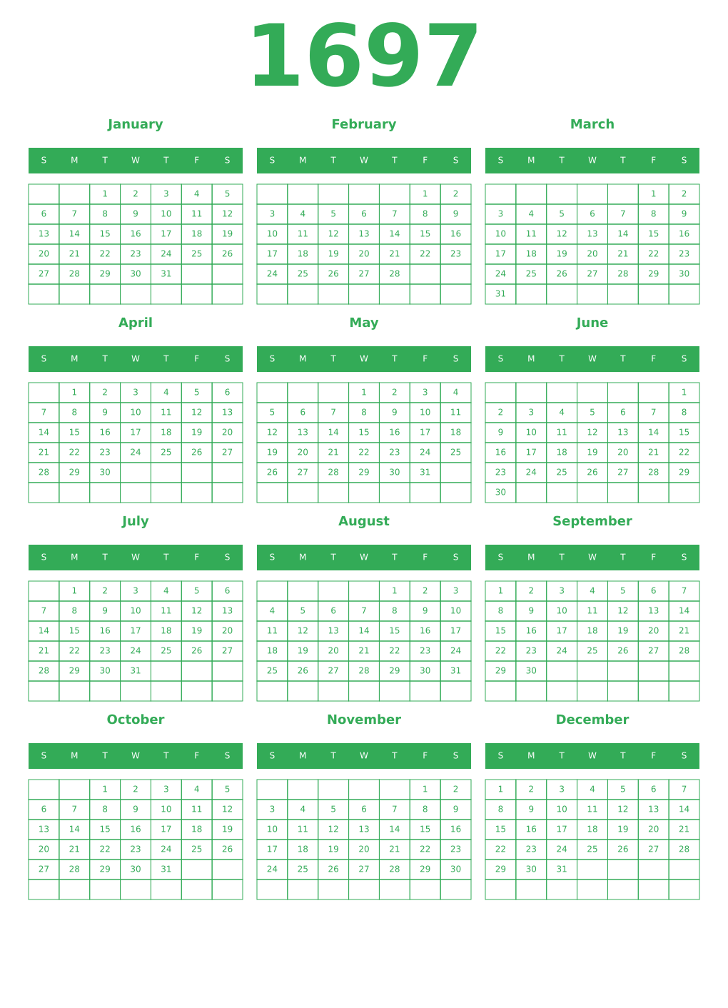 Printable 1697 Year Calendars green