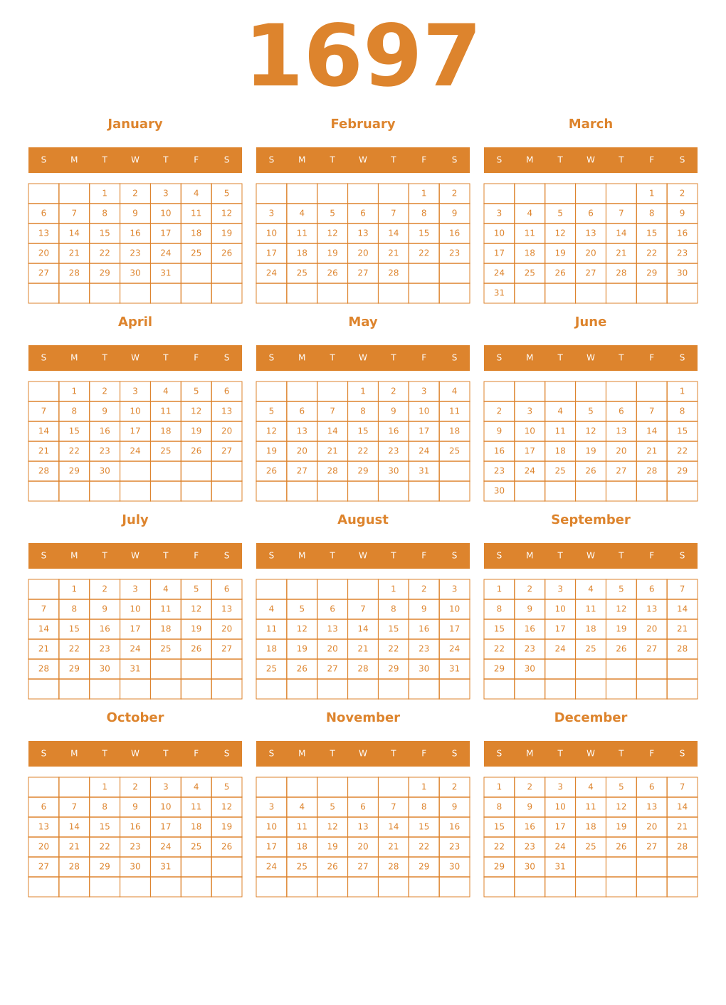 Printable 1697 Year Calendars orange