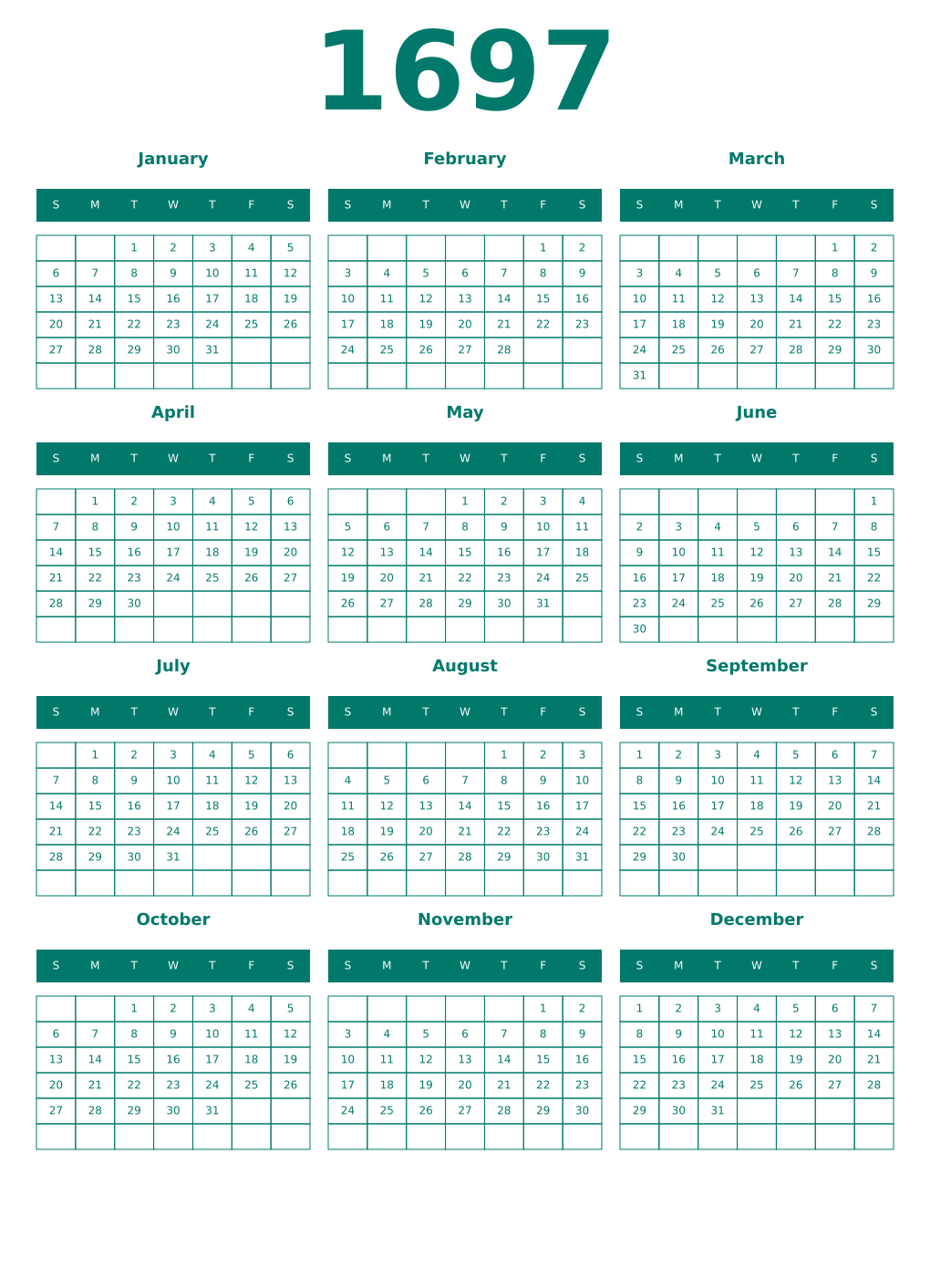 Printable 1697 Year Calendars pastel