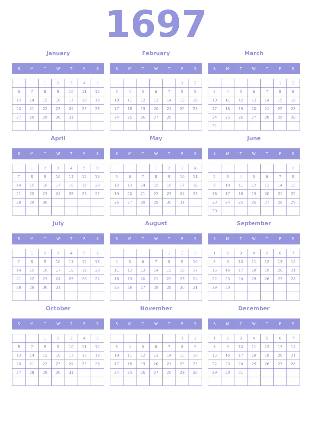 Printable 1697 Year Calendars periwinkle