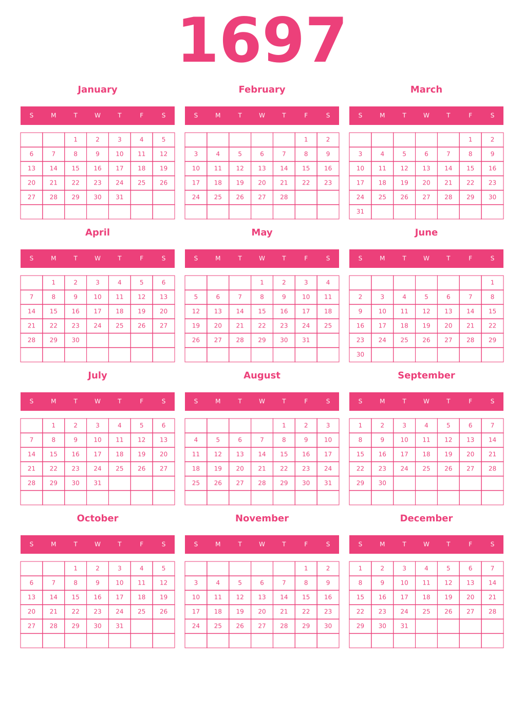 Printable 1697 Year Calendars pink