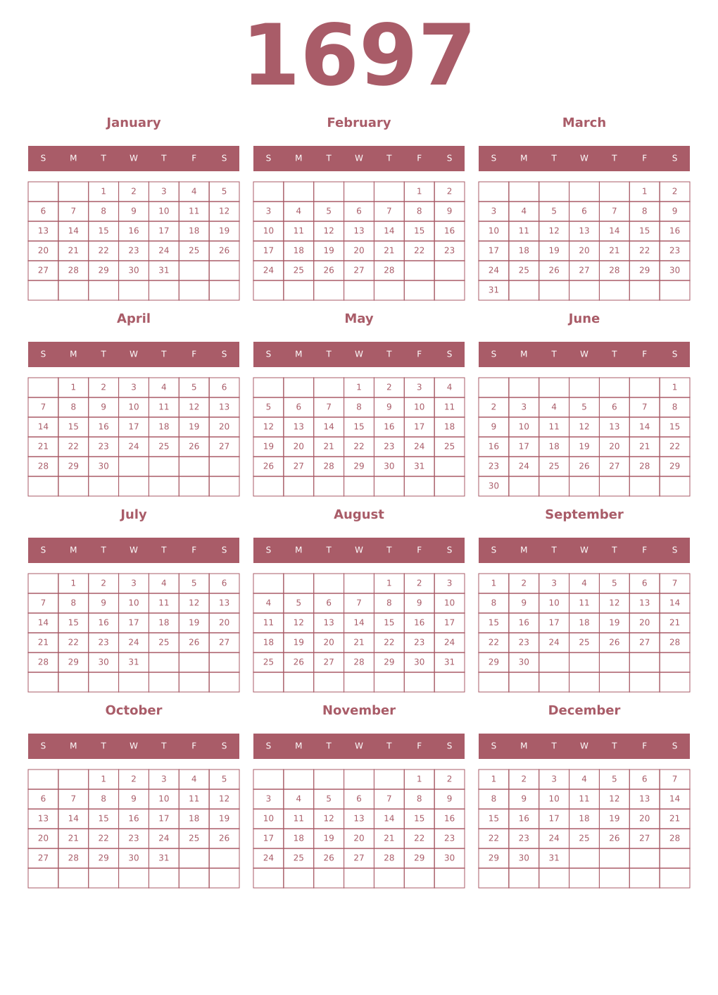 Printable 1697 Year Calendars puce