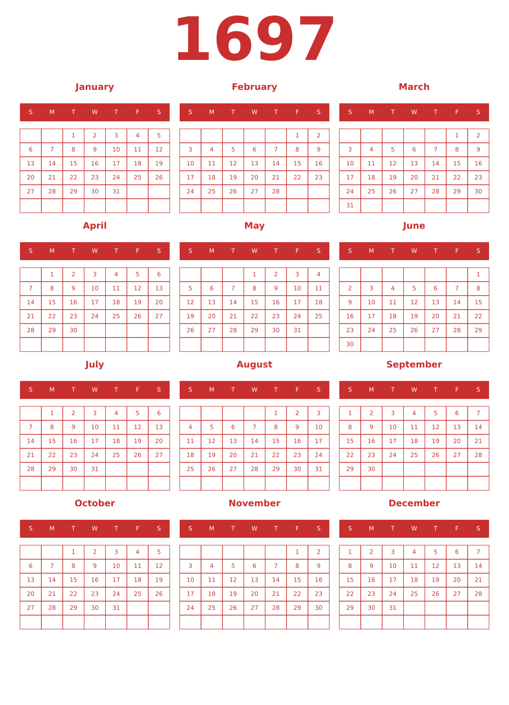 Printable 1697 Year Calendars red