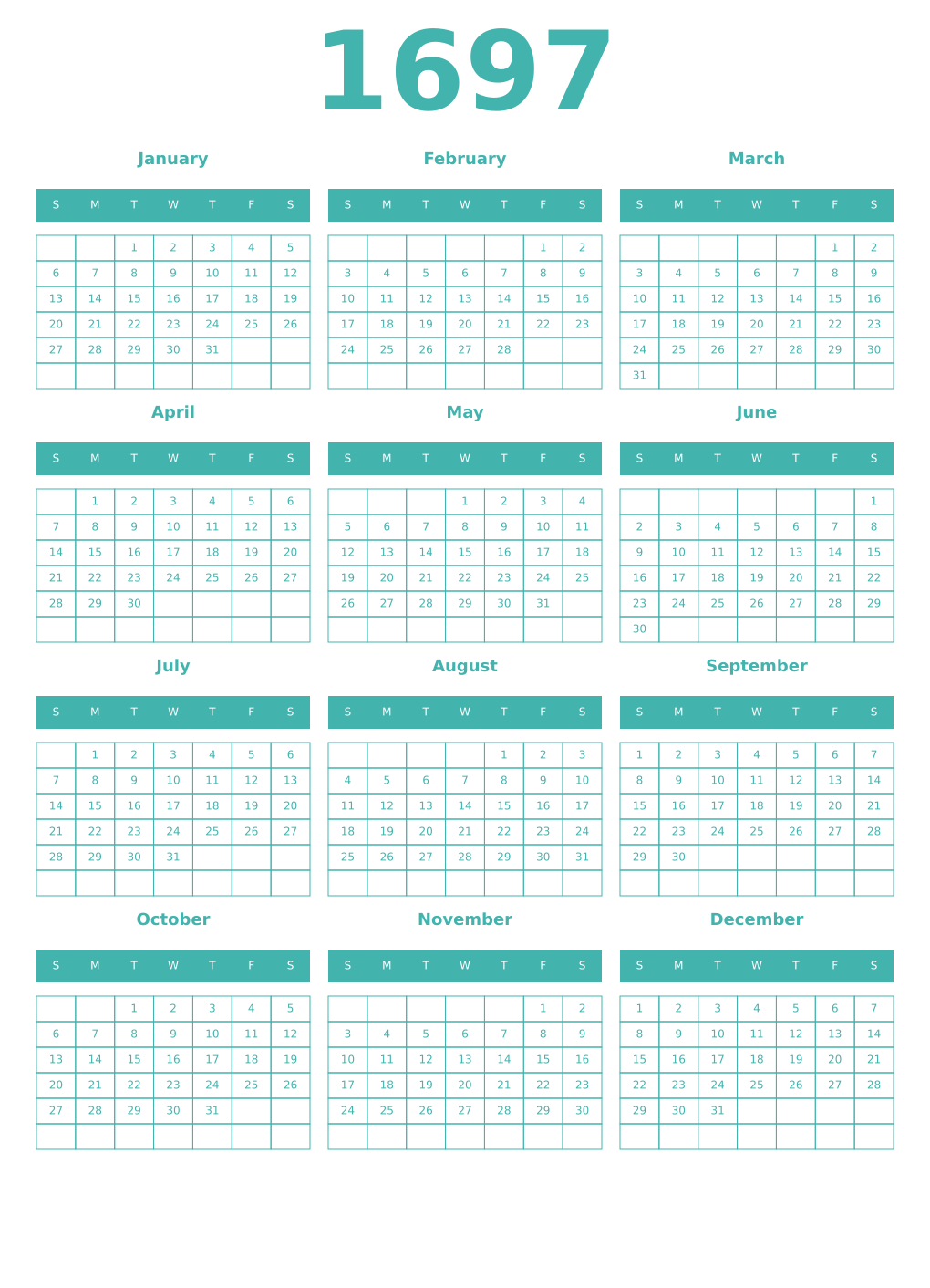 Printable 1697 Year Calendars verdigris