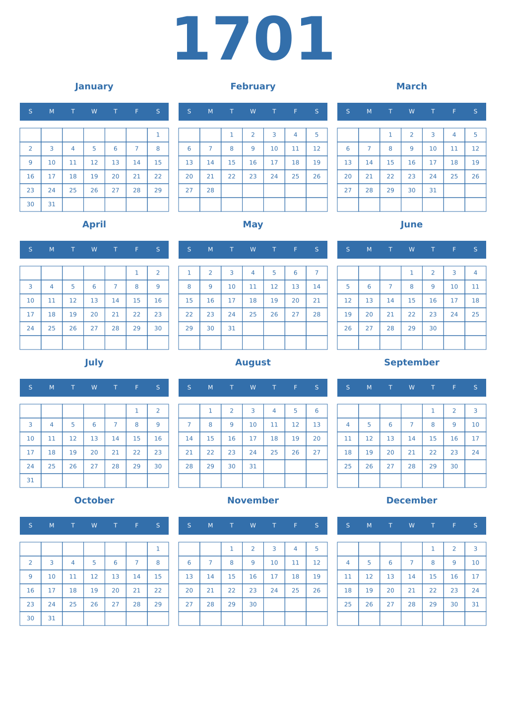 Printable 1701 Year Calendars blue