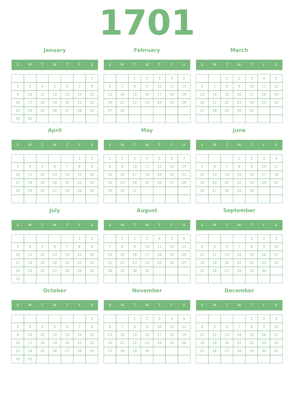 Printable 1701 Year Calendars celadon