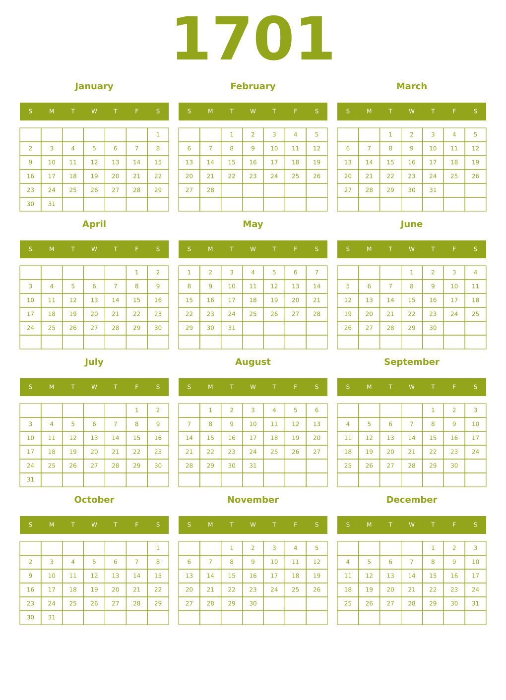 Printable 1701 Year Calendars chartreuse