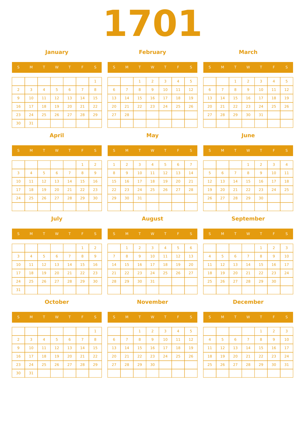 Printable 1701 Year Calendars gamboge