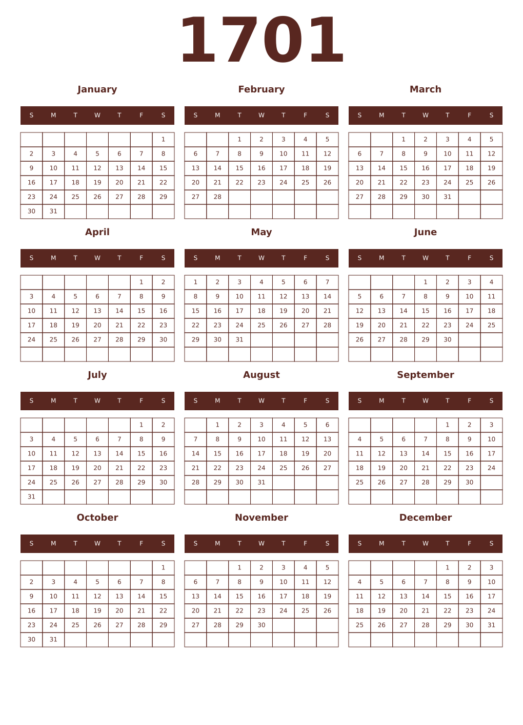 Printable 1701 Year Calendars mortuum