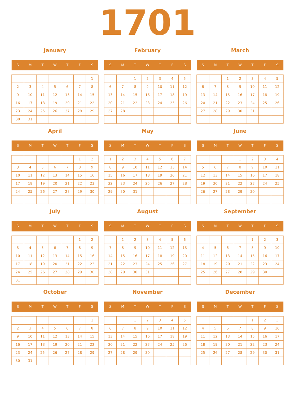 Printable 1701 Year Calendars orange