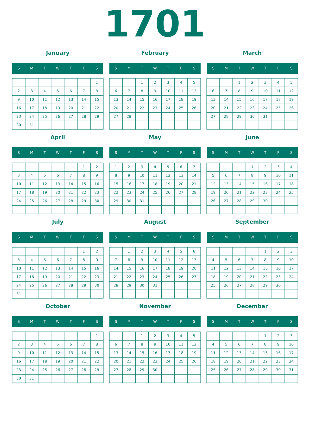 Printable 1701 Year Calendars pastel
