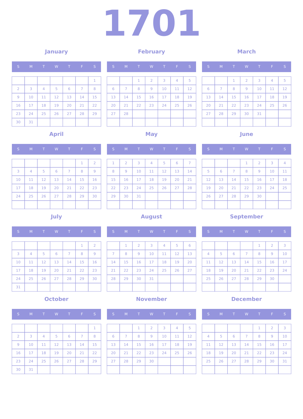 Printable 1701 Year Calendars periwinkle