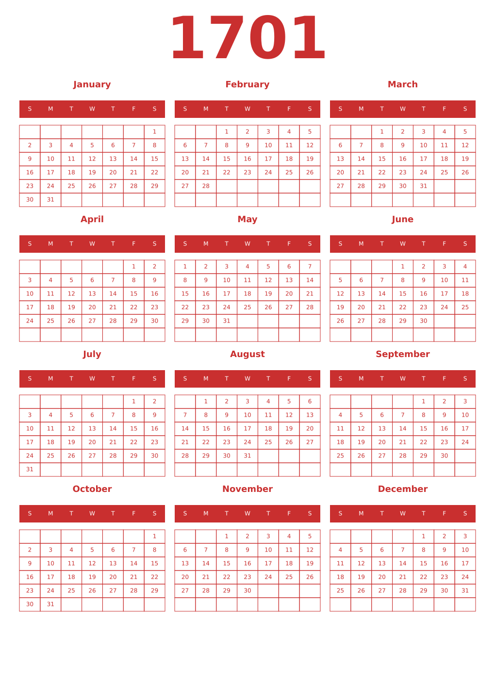 Printable 1701 Year Calendars red