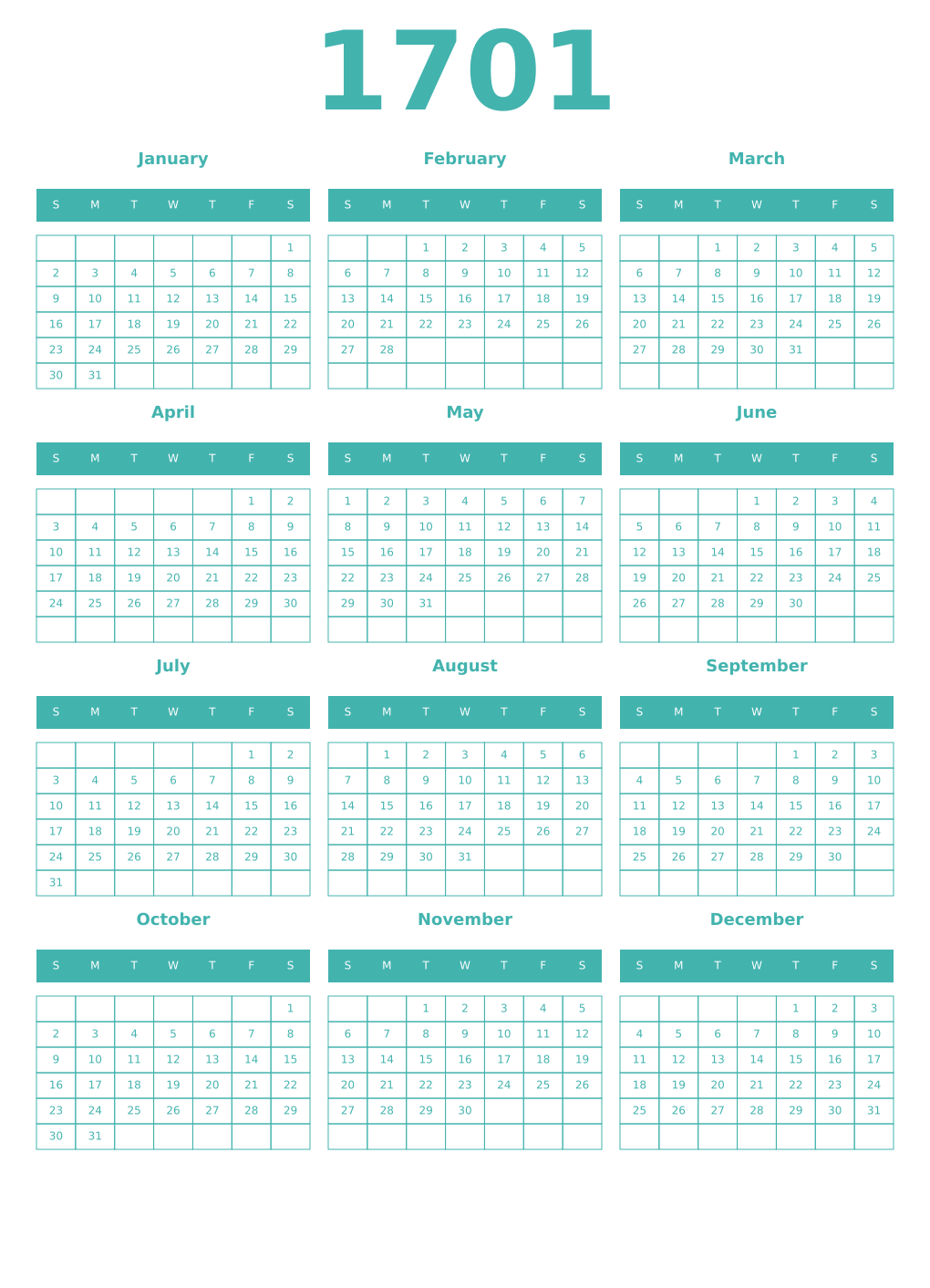 Printable 1701 Year Calendars verdigris