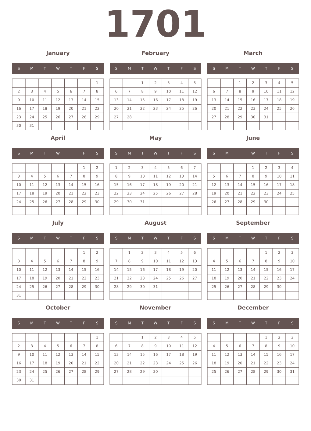 Printable 1701 Year Calendars wenge