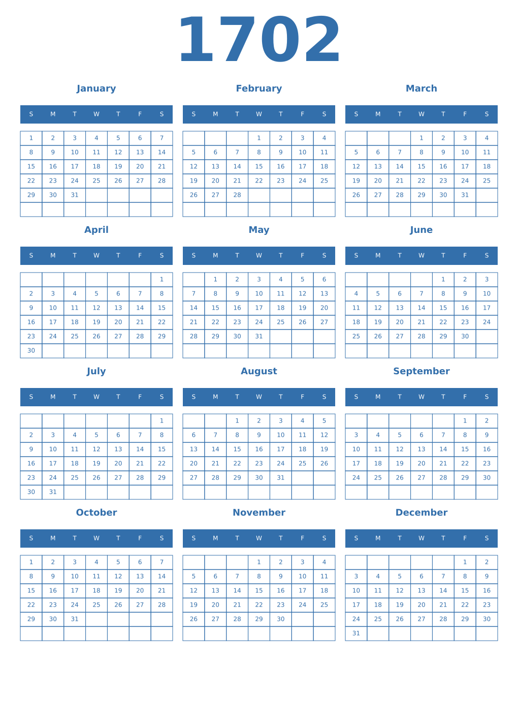 Printable 1702 Year Calendars blue