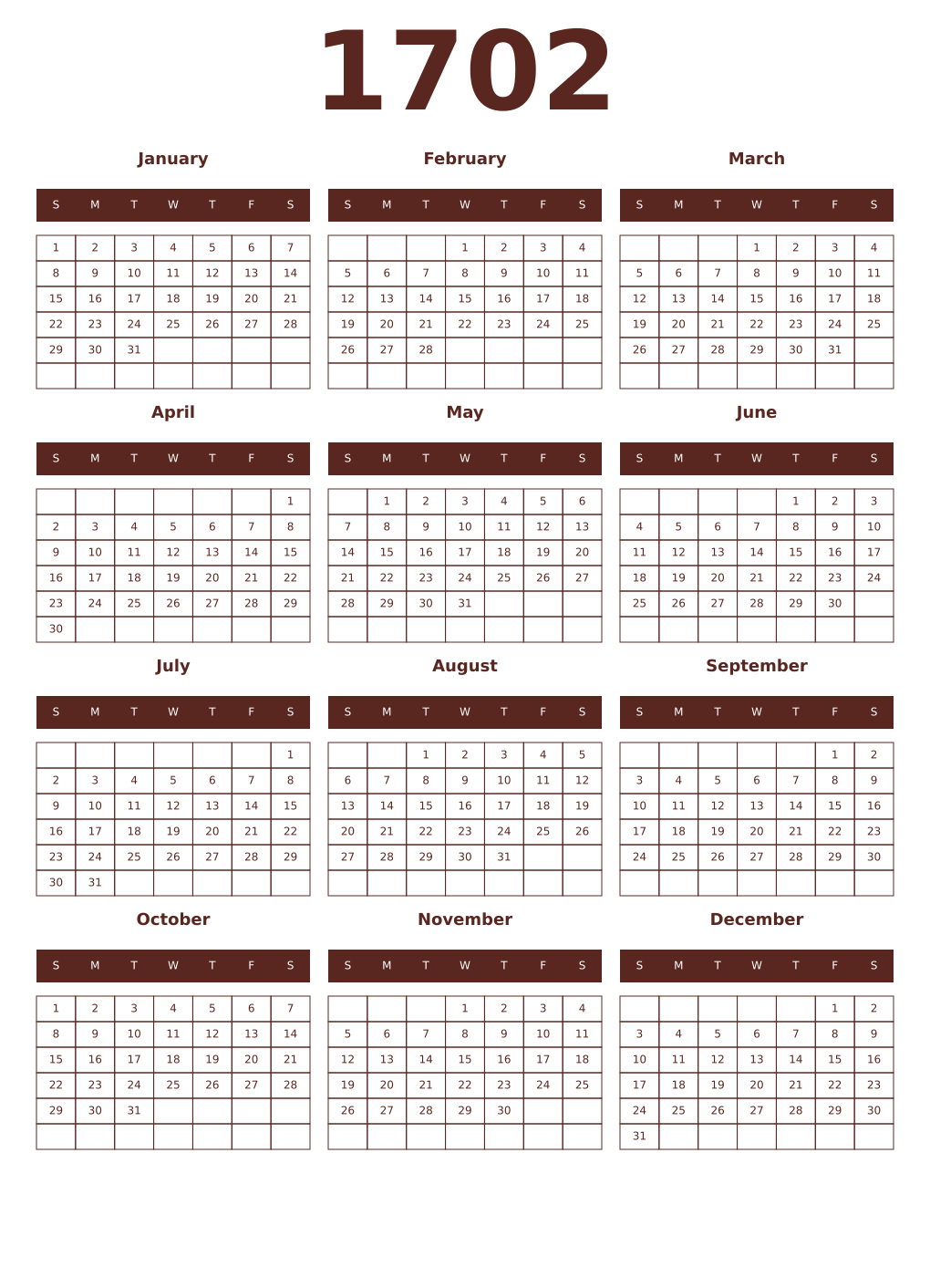 Printable 1702 Year Calendars mortuum