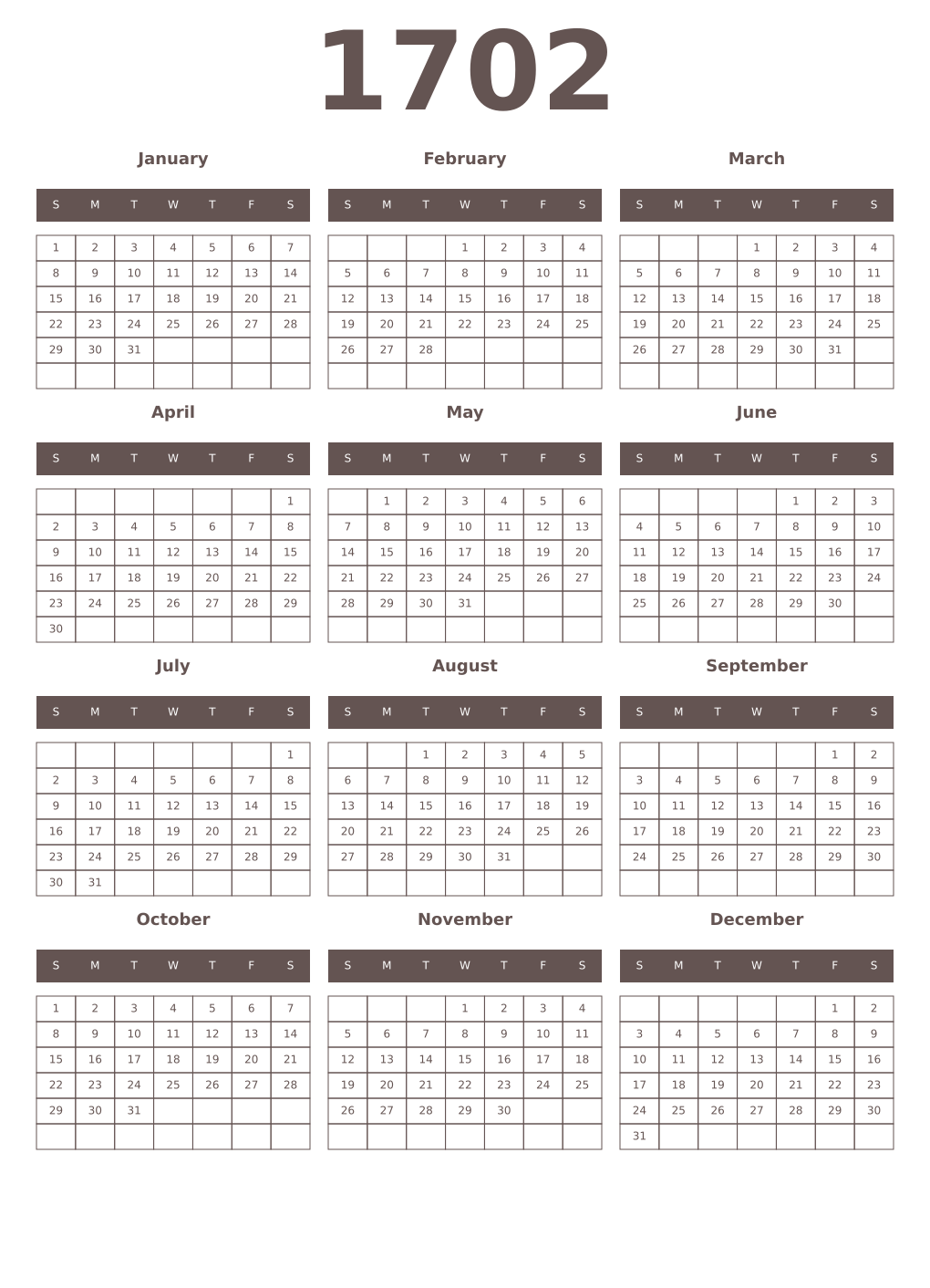 Printable 1702 Year Calendars wenge