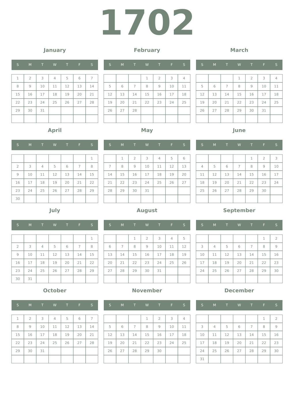 Printable 1702 Year Calendars xanadu