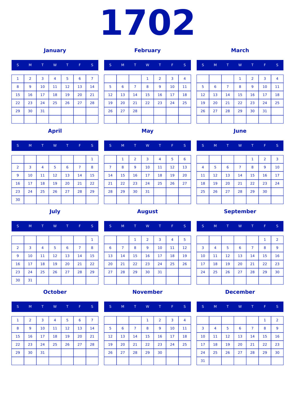 Printable 1702 Year Calendars zaffre