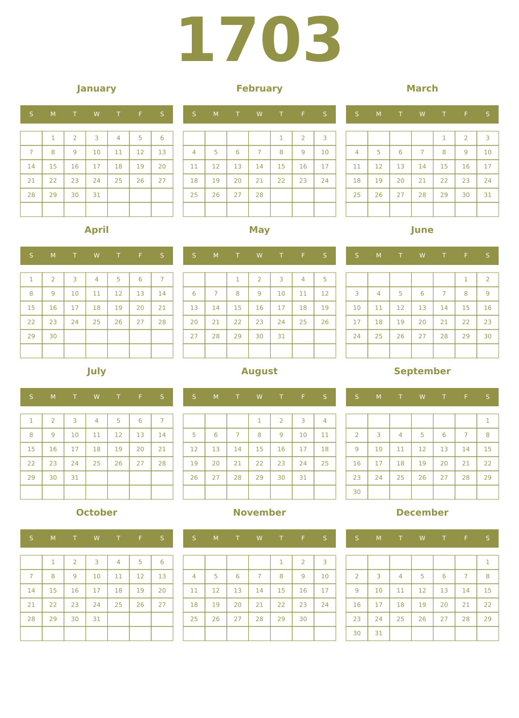 Printable 1703 Year Calendars eburnean