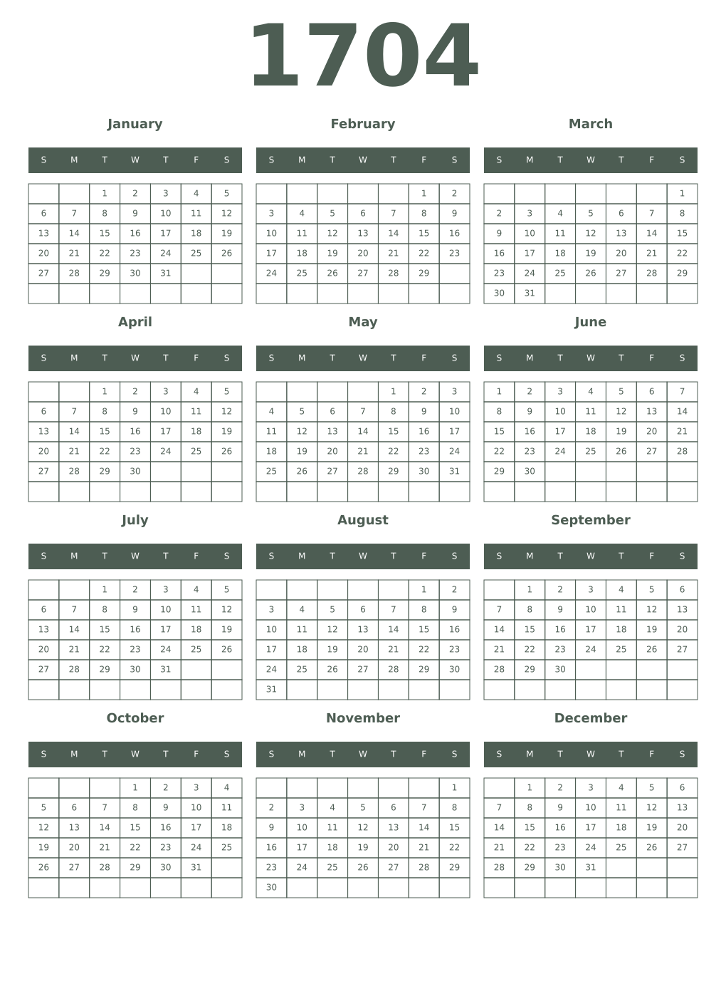 Printable 1704 Year Calendars feldgrau