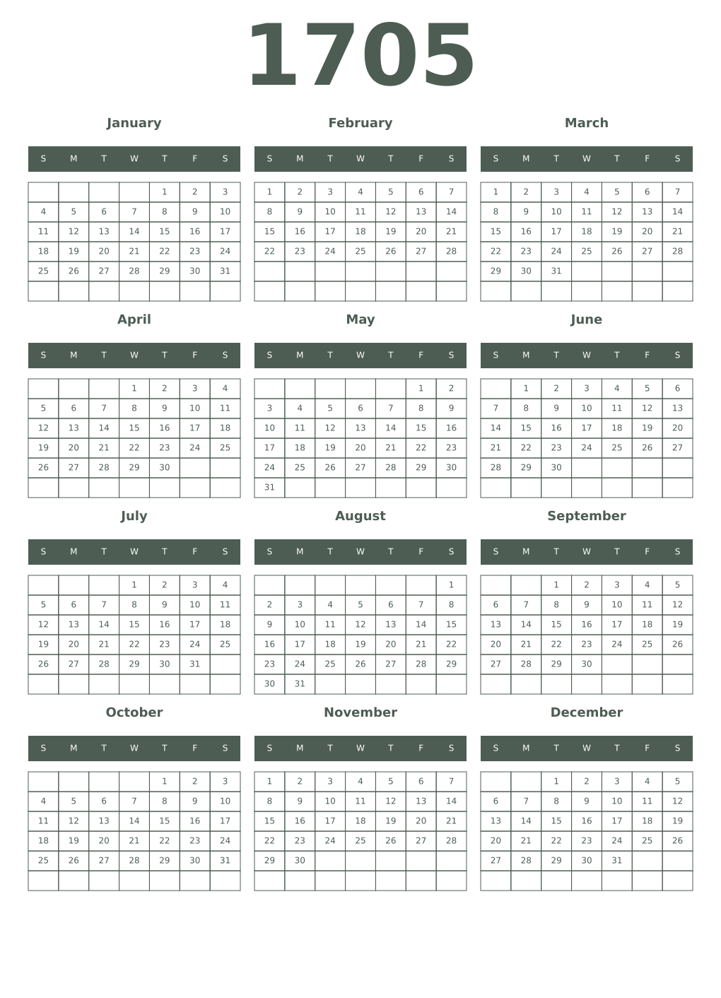 Printable 1705 Year Calendars feldgrau