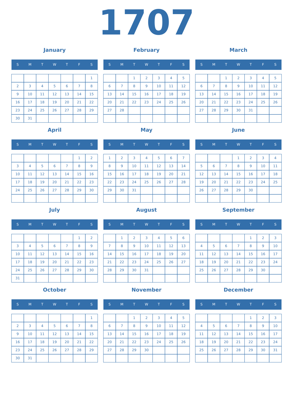 Printable 1707 Year Calendars blue