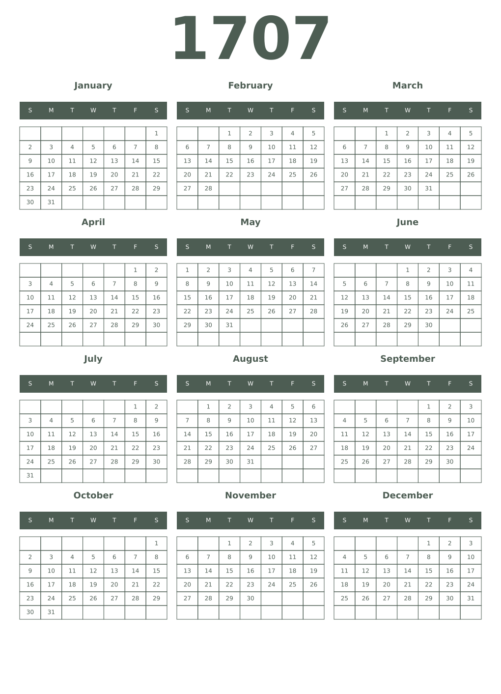 Printable 1707 Year Calendars feldgrau