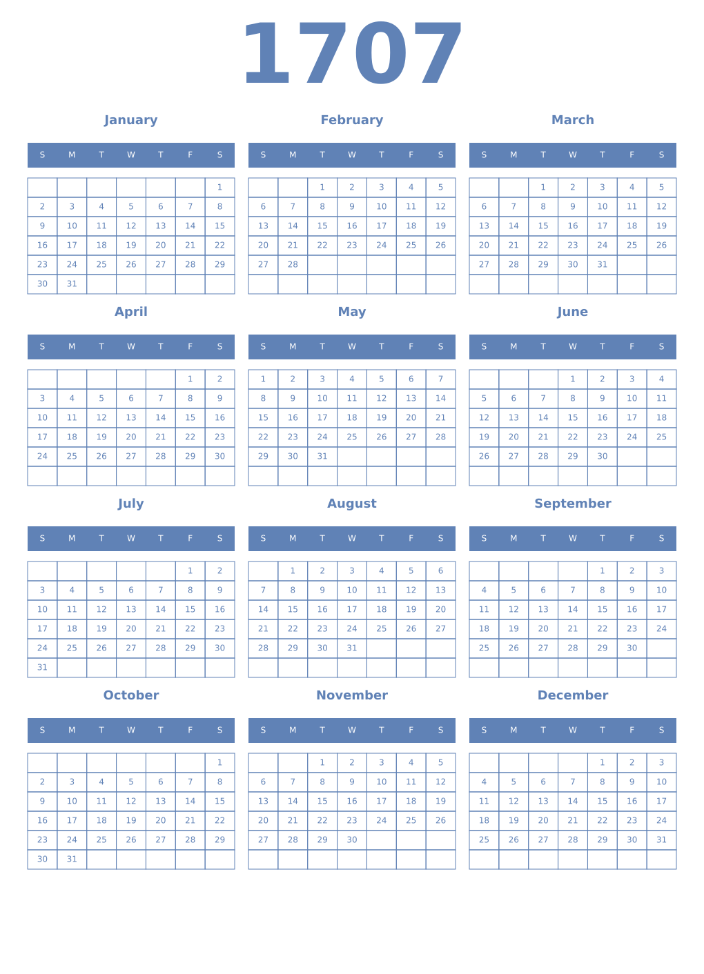 Printable 1707 Year Calendars glaucous