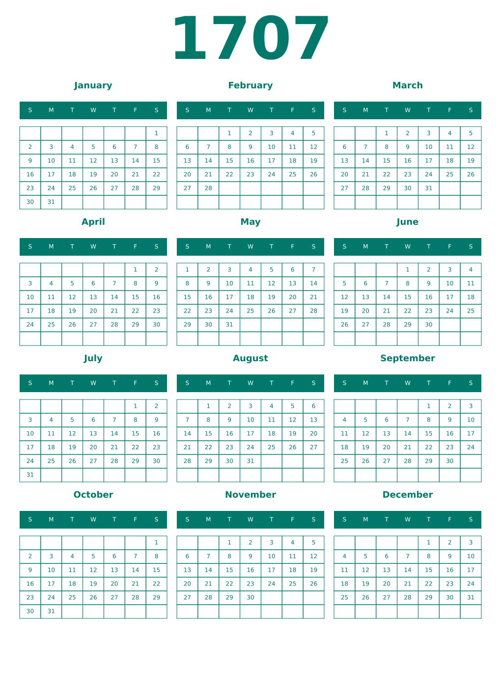Printable 1707 Year Calendars pastel