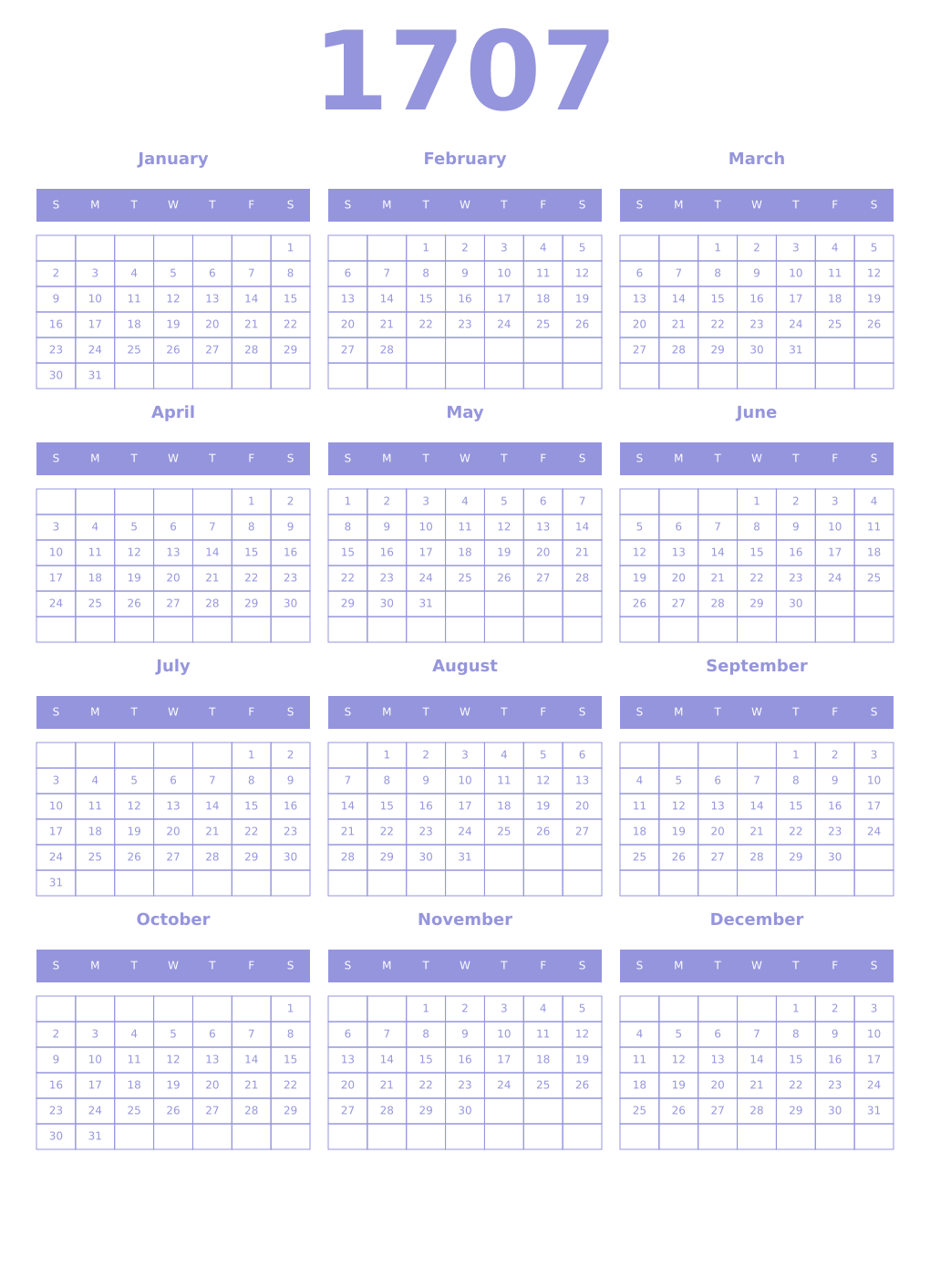 Printable 1707 Year Calendars periwinkle