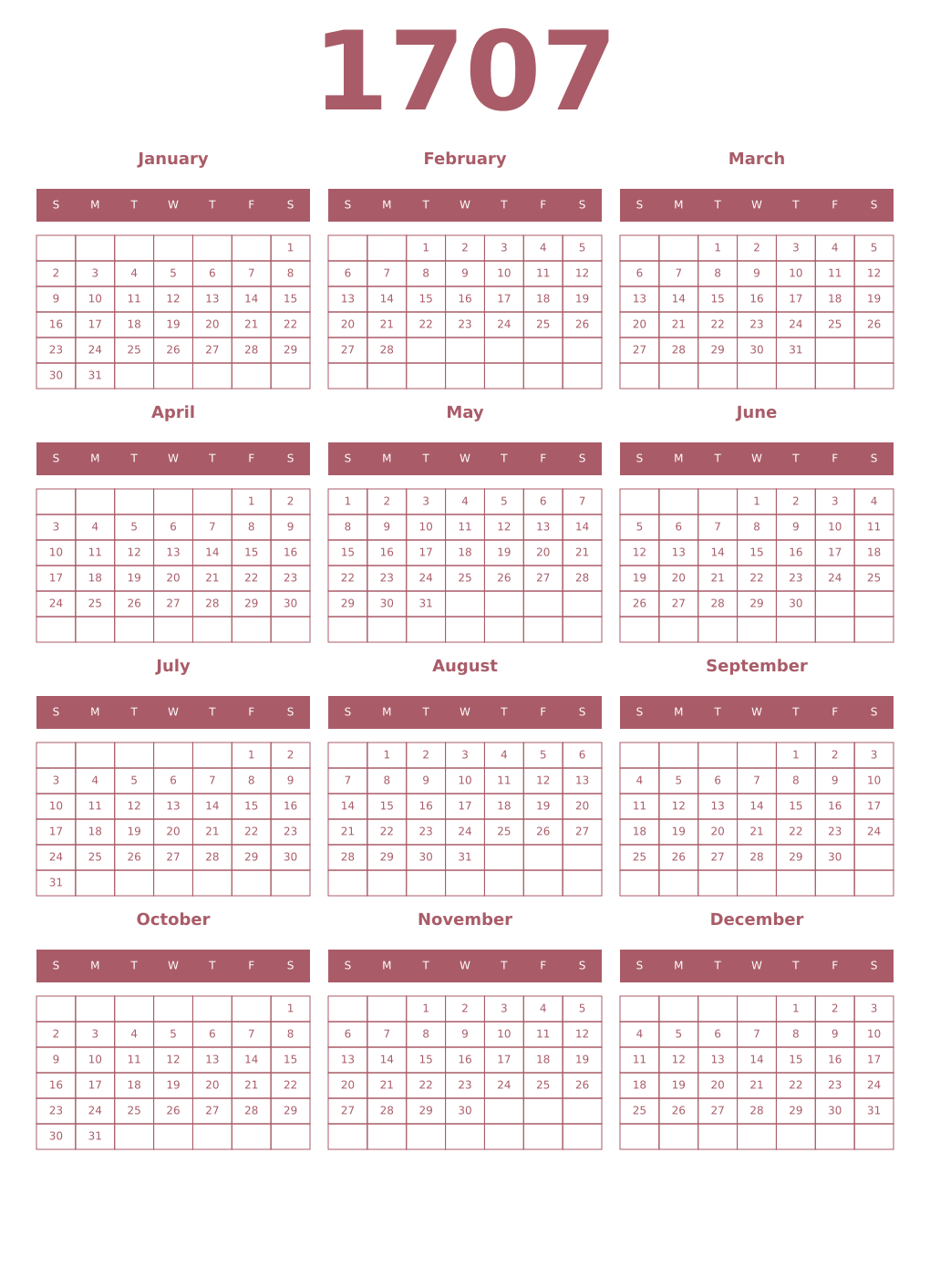 Printable 1707 Year Calendars puce