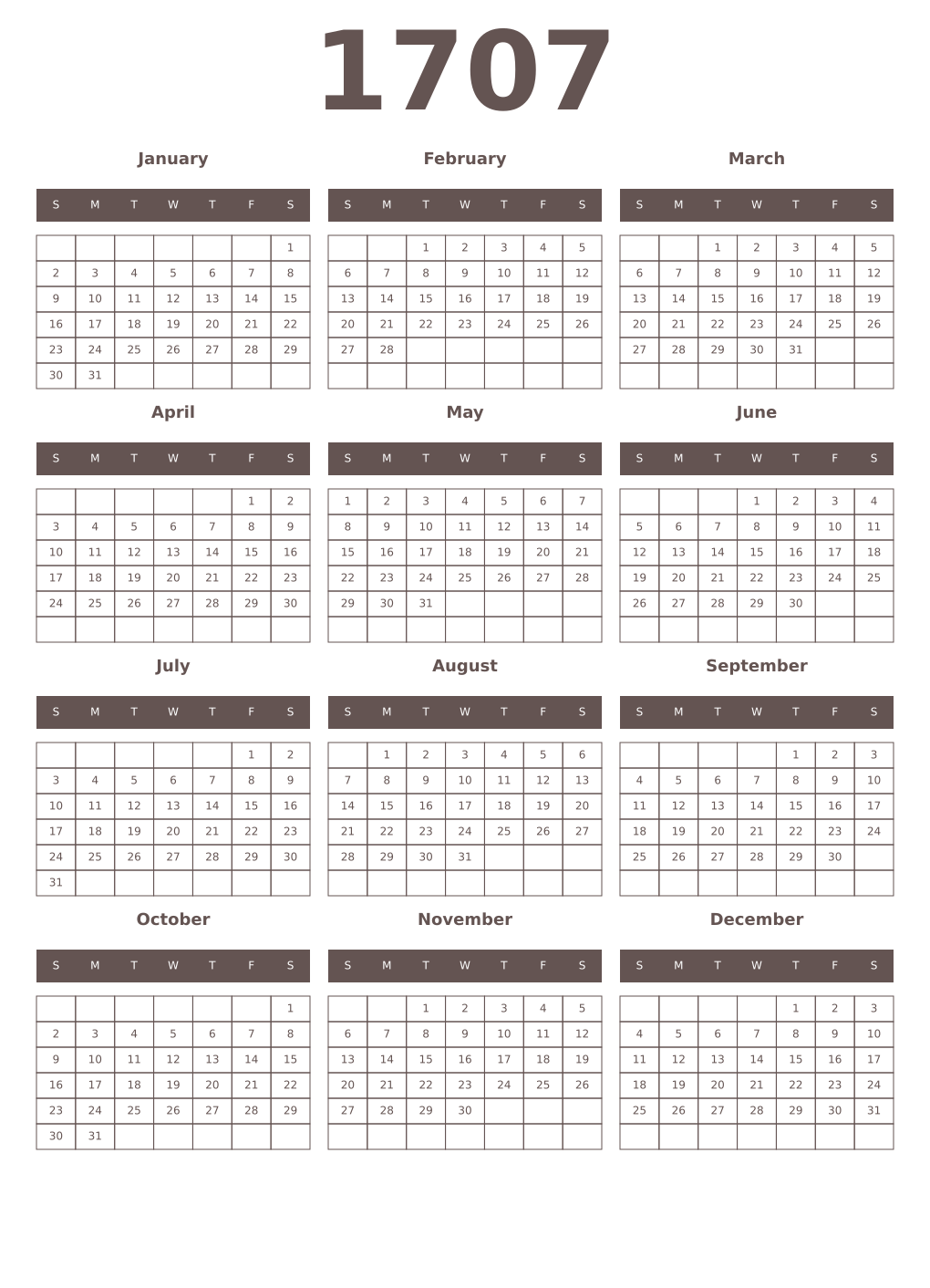 Printable 1707 Year Calendars wenge