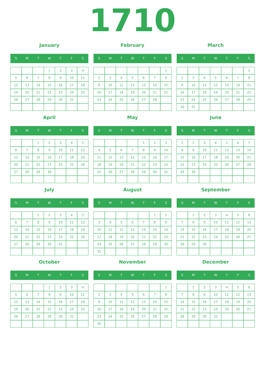 Printable 1710 Year Calendars green