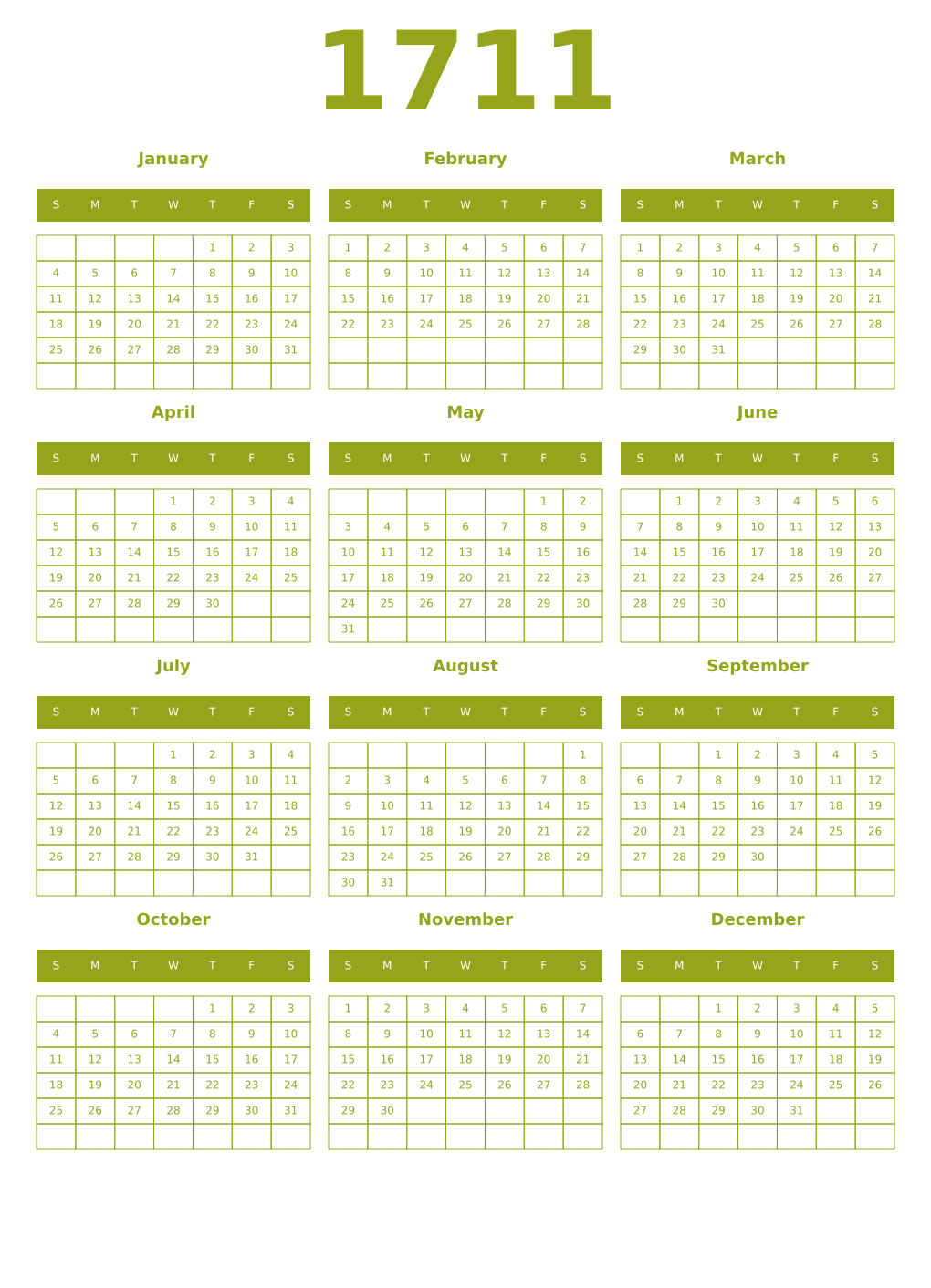 Printable 1711 Year Calendars chartreuse