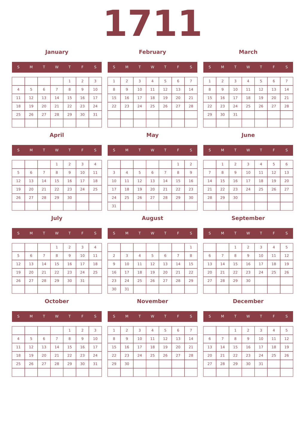 Printable 1711 Year Calendars cordovan