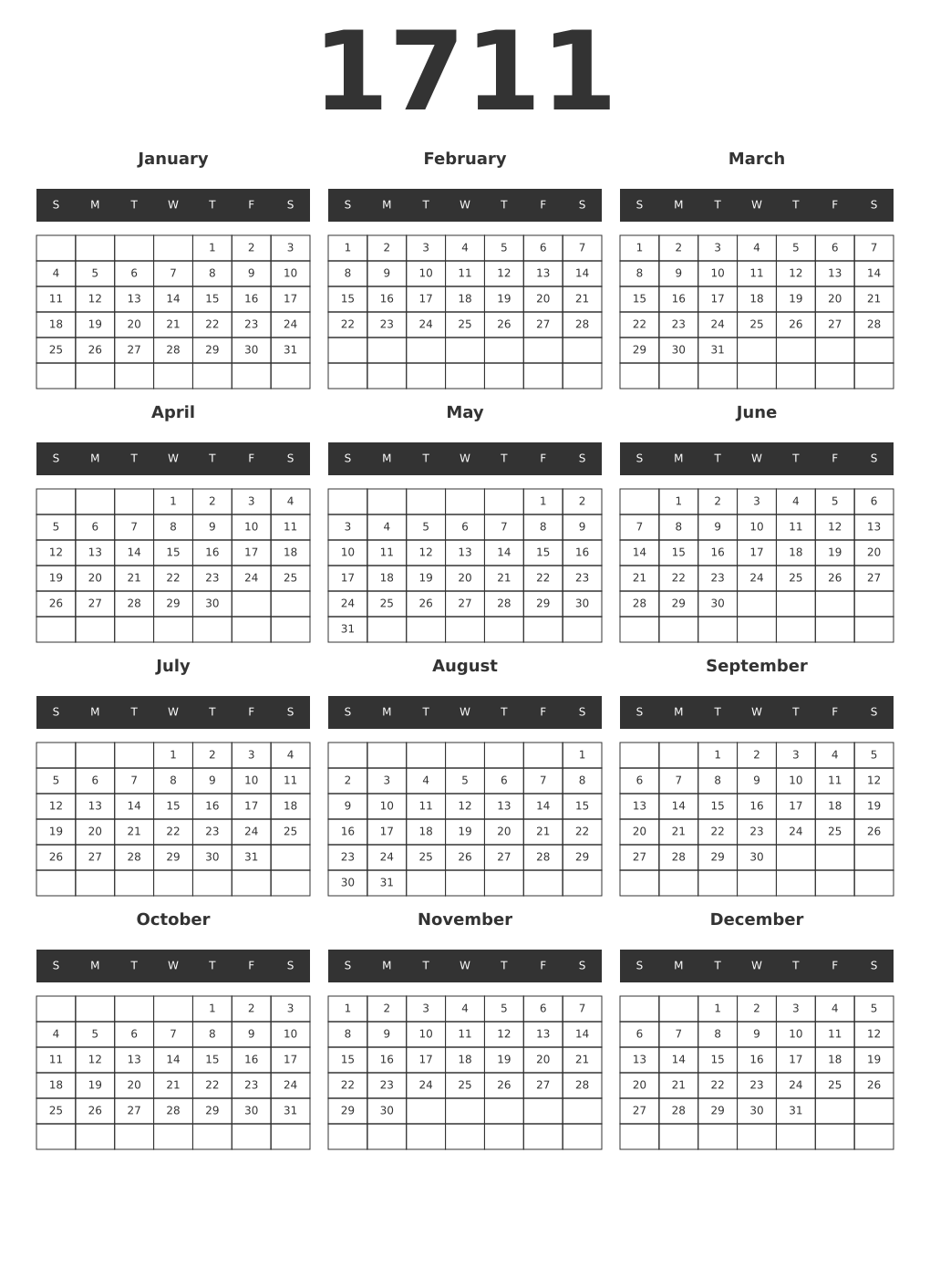 Printable 1711 Year Calendars dark