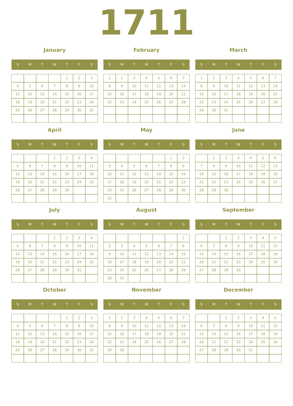 Printable 1711 Year Calendars eburnean